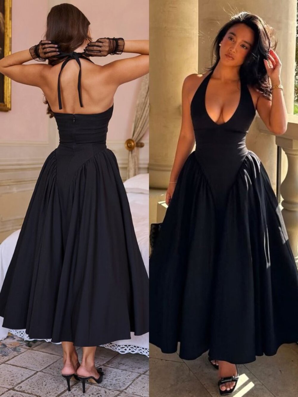 House of CB Marilyn Dress Black Twill Halter Open Back Plunge Neck Midi Size S